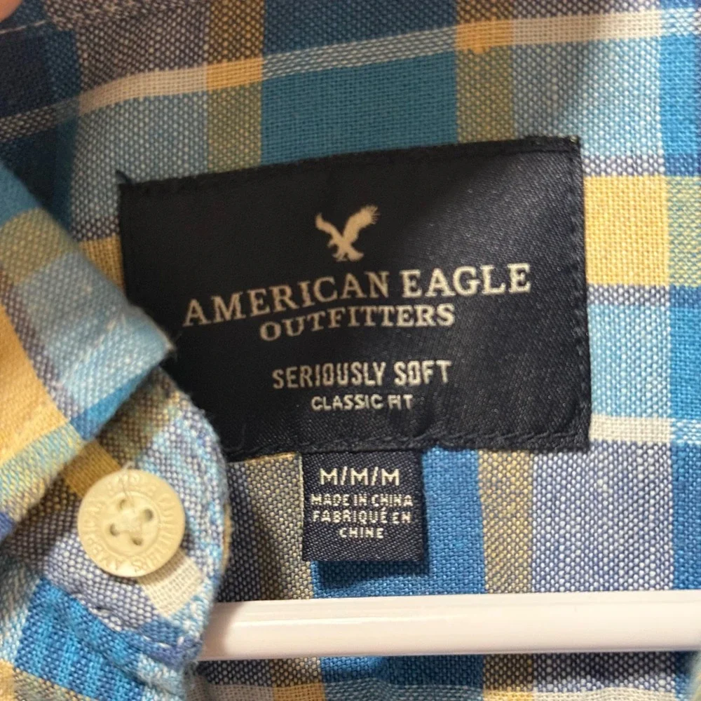 American Eagle Plaid Shirt Mens M Blue Yellow Excellent Seriously Soft Flannel